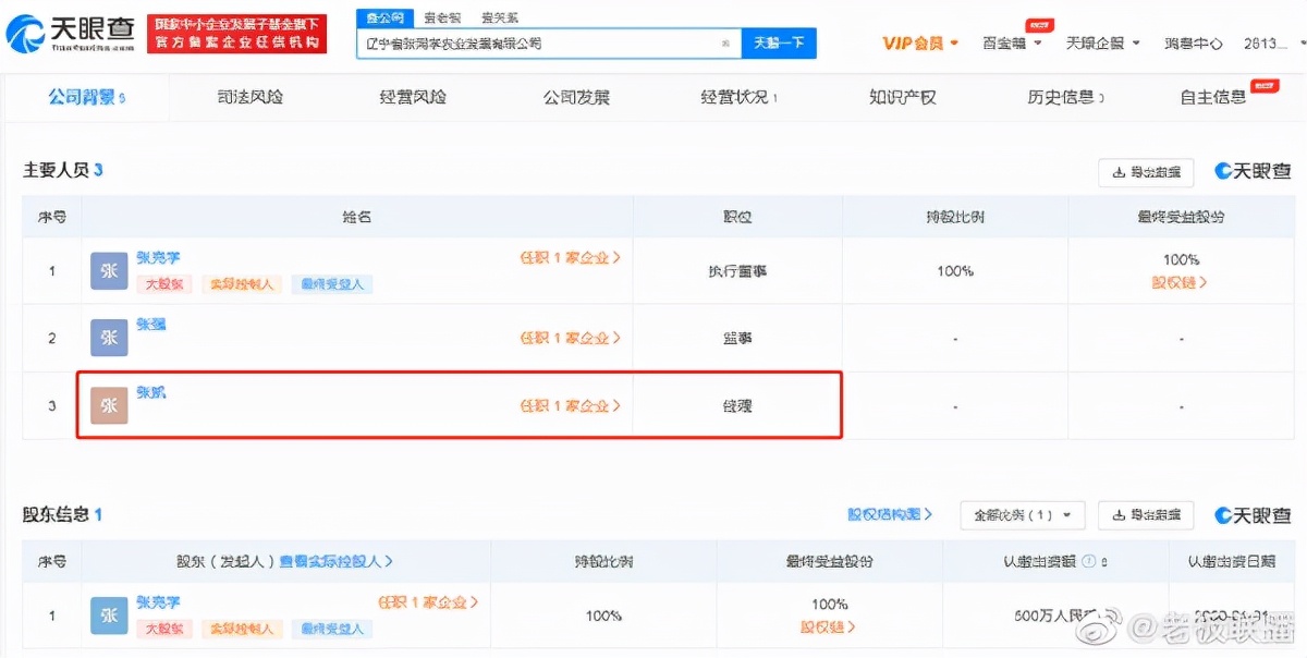 疑似张同学成立农业发展公司（注册资本500万）