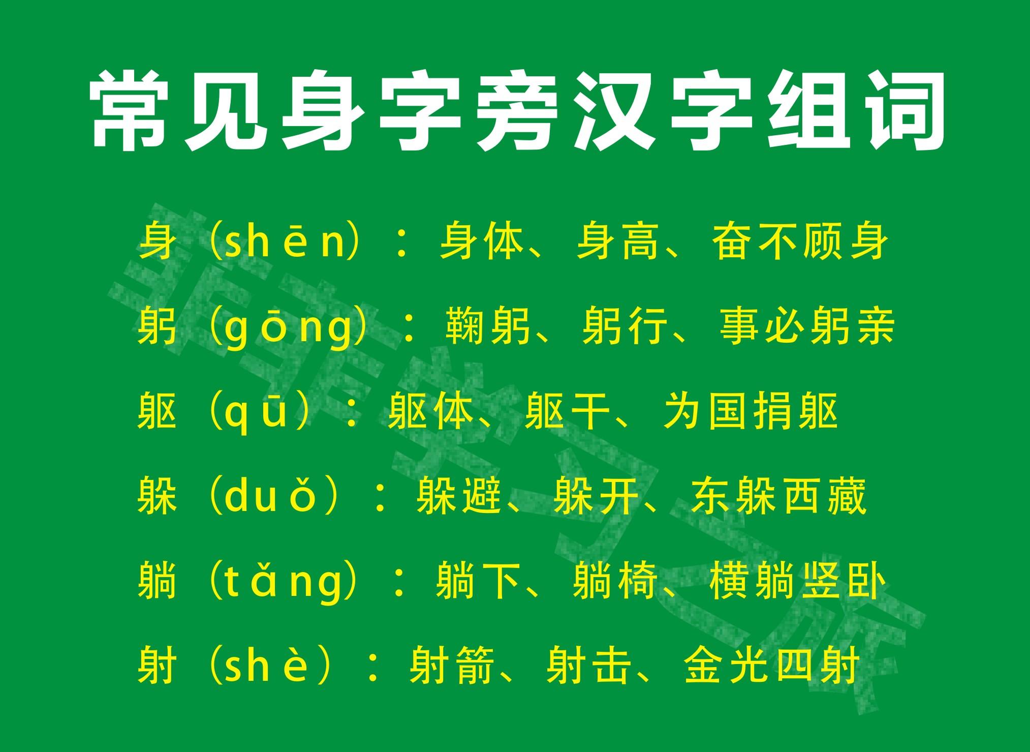 一年级偏旁部首身字旁，一年级身字旁的汉字，身字旁考试知识点